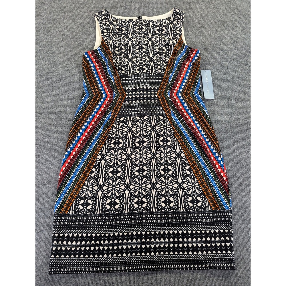 London Times Multi Color Geometric Tribal Print Sheath Dress T1078M Size 12 NWT